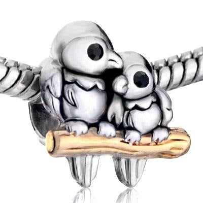 European Bead Momma And Baby Bird On Golden Branch (Compatible With Pandora Charm Bracelets)