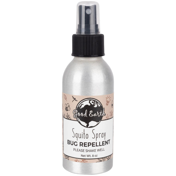 Silver bottle of Good Earth Soap Co Squito Spray Bug Repellent on a white background. All Natural Deet Free Mosquito Spray. 