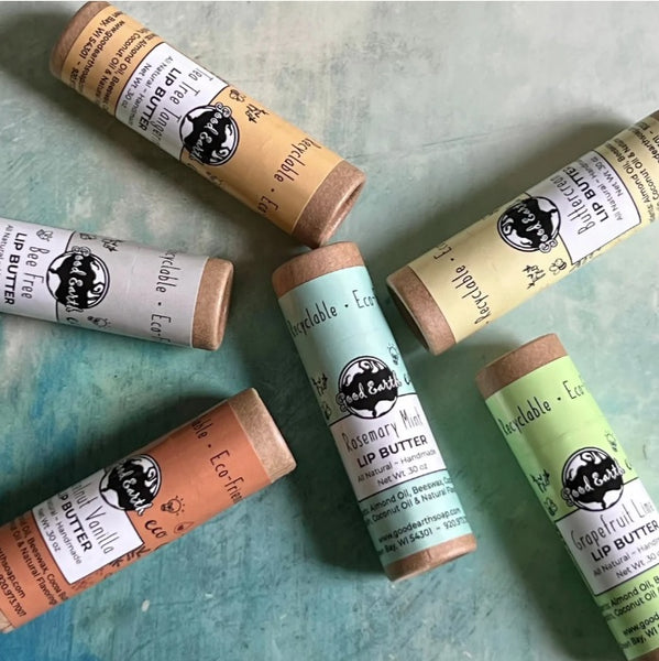 Collage Of Good Earth Lip Butters In Eco Friendly Tube, Choose From 6 Flavors.