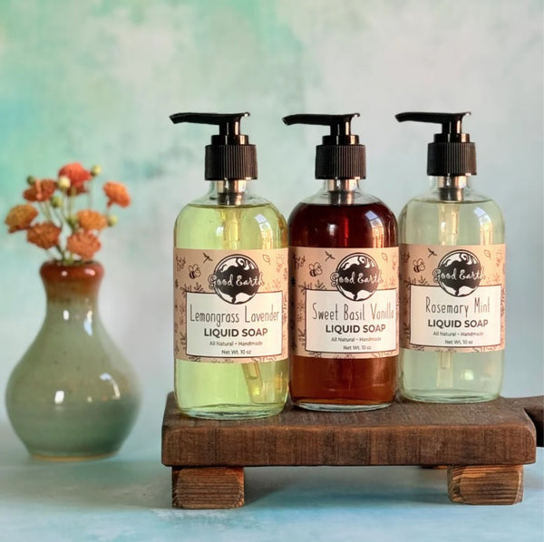 Good Earth Soap Co. Liquid Soap In 10oz Glass Jar With Pump. Available Scent Options -Lemongrass Lavender, Sweet Basil Vanilla & Rosemary Mint