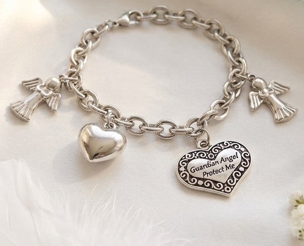 Guardian Angel Charm Bracelet With Angel And Heart Charms That Says Guardian Angel Protect Me