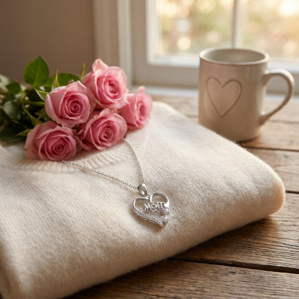 Silver mom crystal heart necklace with pink roses and heart shaped mug
