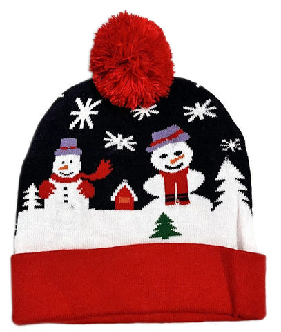 LED Light Up Flashing Christmas Pom Hat With Two Snowmen