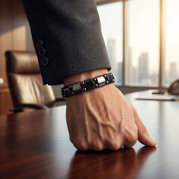 Mens Magnetic Hematite Bracelet on mans wrist – Energy, Balance & Stress Relief