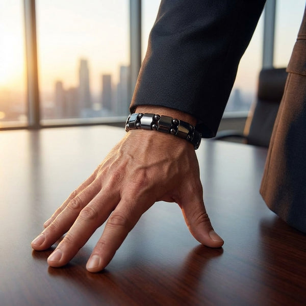 Black Magnetic Hematite Bracelet On Mans Wrist 