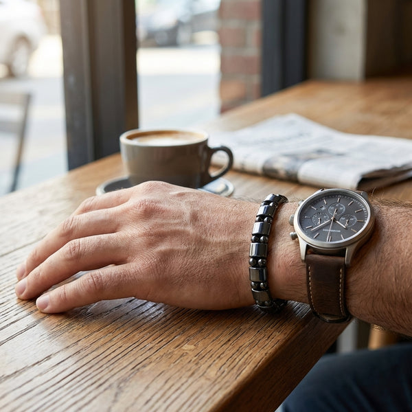 Hand wearing a magnetic hematite bracelet and watch with a cup of coffee and newspaper on a wooden table