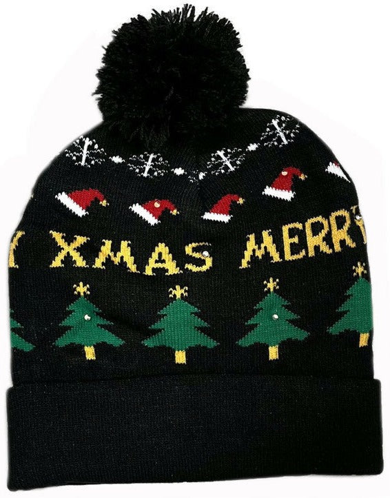 Merry X-Mas In Yellow Flashing LED Light Up Christmas Pom Hat