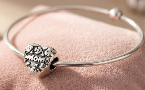 Silver Heart Shape European Bead Says Mom