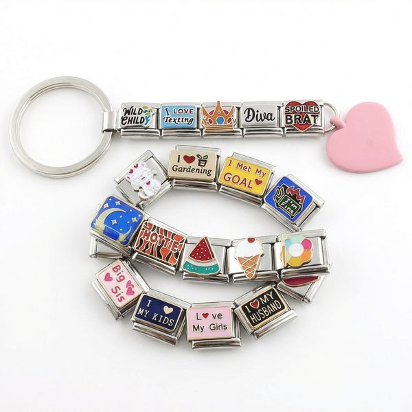 9mm Italian Charm Keychain With Pink Dangling Heart And Assorted Charms That Say Diva I Love Texting Spoiled Brat Wild Child And More