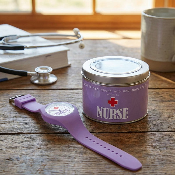 Nurse Thank You Gift Purple Silicone Watch In Tin With Saying God Bless Those Who Are Merfciful