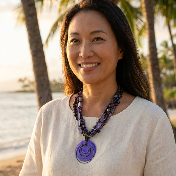 Purple Shell Necklace With Muliplie Strands And Large Round Shell Pendant