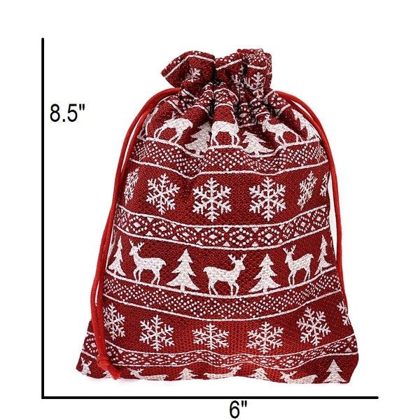 Red Metallic Snowflake And Reindeer Christmas Drawstring Gift Bag