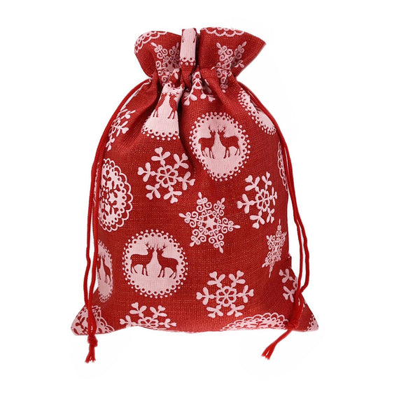 Red Snowflake And Reindeer Christmas Drawstring Gift Bag