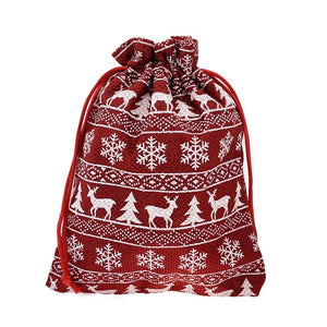 Red Metallic Snowflake And Reindeer Christmas Drawstring Gift Bag