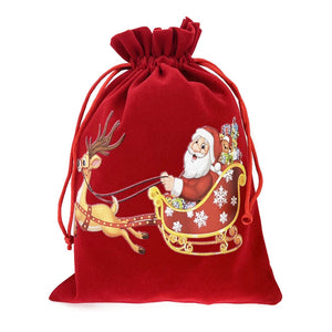 Santa And Sleigh Christmas Drawstring Velour Gift Bag