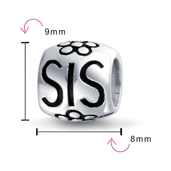 A silver European bead charm with black enamel lettering reading 'SIS' and black floral motifs, shown with dimension arrows and labels indicating 9mm height and 8mm width on a white background.