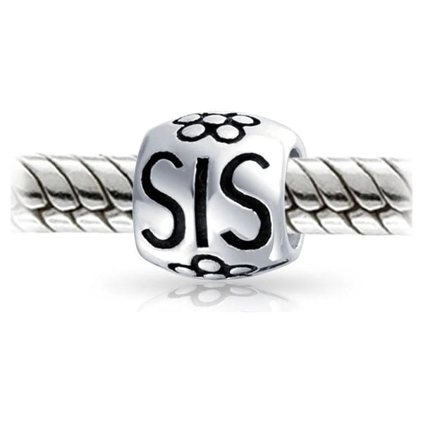 A silver European bead with the letters 'SIS' in black, flanked by small black flower motifs, threaded onto a silver bracelet against a white background.
