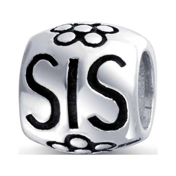 A silver European bead featuring the letters 'SIS' in black enamel, accented with black flower motifs at the top and bottom, shown on a white background.