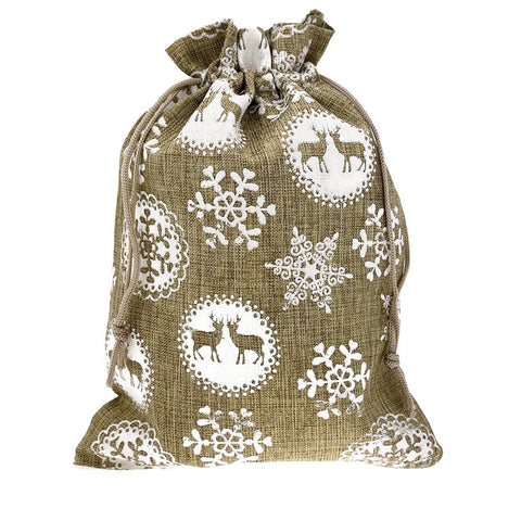 Gold Snowflake And Reindeer Christmas Drawstring Gift Bag