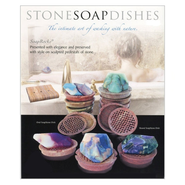 Hand-carved soapstone and sandstone soap dishes with drainage holes, round and oval shapes with removable top options