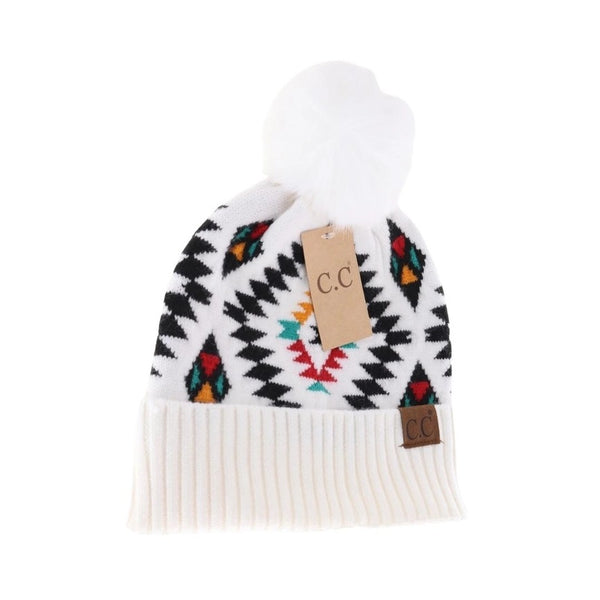 C.C Beanie Aztec Patterned With Faux Fur Pom Hat