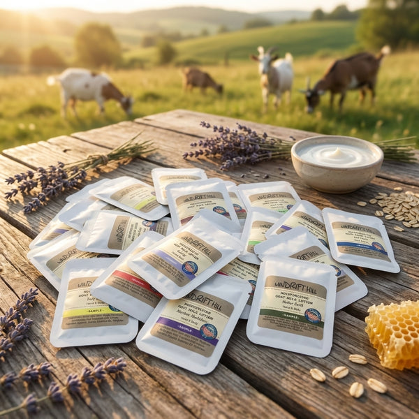 Windrift Hill Goat Milk Lotion Sample Packets In Assorted Scents On Wooden Table With Goats In The Background