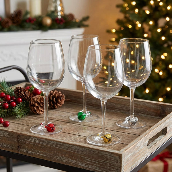 Set Of 4 Colorful Beaded Jingle Bell Christmas Wine Glass Markers