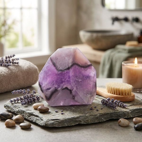 Purple amythist soap rock crystal on a stone surface with lavender and candles in a spa-like setting