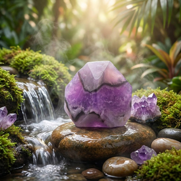 Purple crystal soap rock with a small waterfall and greenery in the background