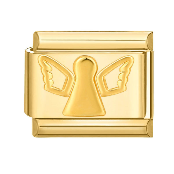 Gold embossed 9mm Italian charm with angel design on a white background