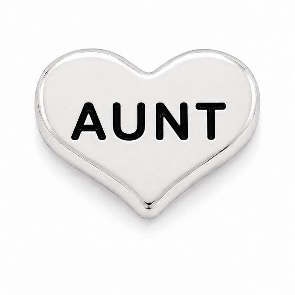 A polished silver heart-shaped Floating charm with the word 'AUNT' in bold black capital letters, shown on a clean white background.