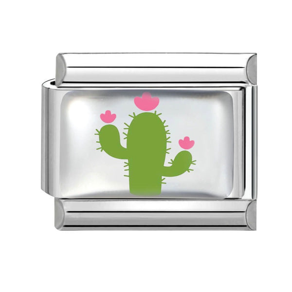 Silver 9mm Italian charm with a green cactus and pink flowers on a white background