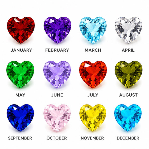 Heart-shaped crystal Floating Charms For Lockets showing January through December in a 3x4 grid, with each gemstone labeled with its corresponding month name on a clean white background.