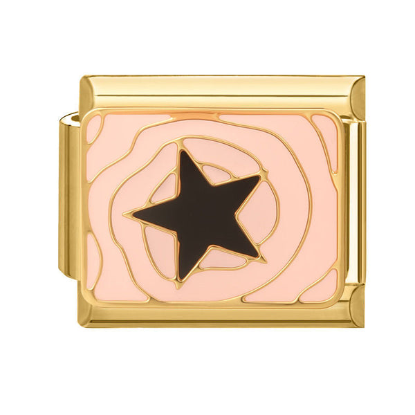 Gold 9mm Italian charm with black star design on a pink background