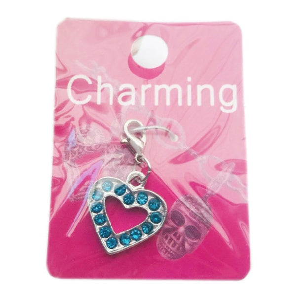Silver-tone heart clip on charm with blue rhinestones and lobster clasp for charm bracelet