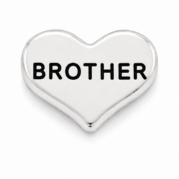 A polished silver heart-shaped Floating charm with the word 'BROTHER' in bold black capital letters, shown on a clean white background.