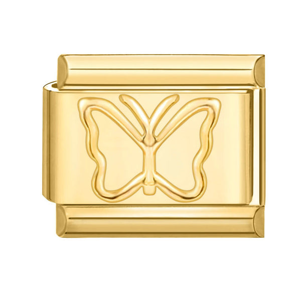 Gold 9mm Italian charm with embossed butterfly design on a white background