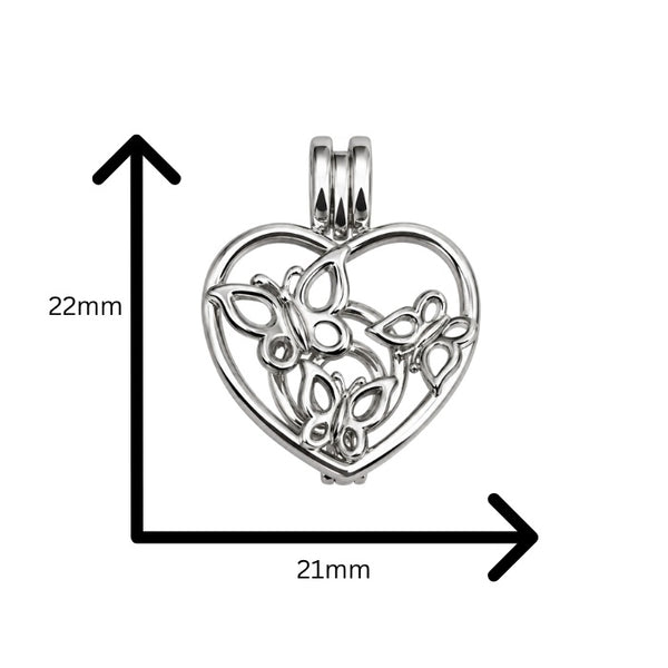 Butterfly heart cage necklace for pearl showing measurements of 22mm tall and 21mm wide on white background
