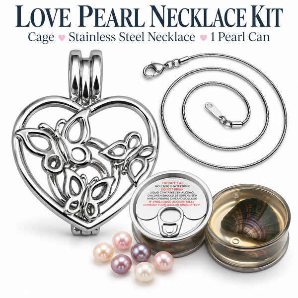 Butterfly heart cage necklace for love pearls, showing two cans with mollusk and pearl inside with colorful loose pearls scattered.