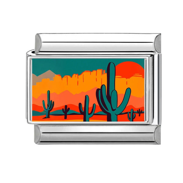 Silver 9mm Italian charm with a desert landscape design featuring cacti and a sunset.