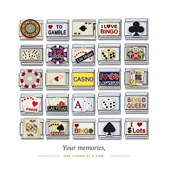 9mm Italian charms In Various Casino And Gambling Themes. Designs Include Bingo, Poker, Las Vegas, 21, Black Jack, Cards & Poker Chips, Aces, Spades, Clubs, Slots, Dice And More. 