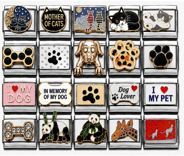 Italian Charms, Assorted Animal Lovers Collection Including Dogs And Cats, Paw Prints, Crystal Dog Bones, Pandas and Kangaroos
