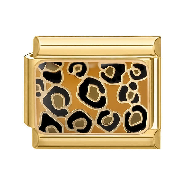 Gold 9mm Italian charm with cheetah print design on a white background