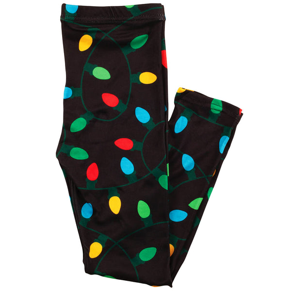 Girls Christmas Leggings Black With Colorful String Light Design