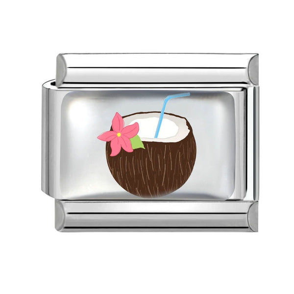 Silver 9mm Italian charm with a coconut design featuring a pink flower and blue straw on a white background