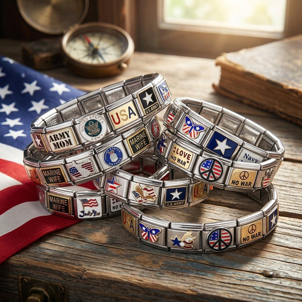 Silver military-themed Italian charm bracelet set on a wooden surface with an American flag in the background.