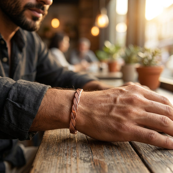 Close-up of a person's hand with a copper cuff bracelet on a wooden table in a cozy indoor setting.