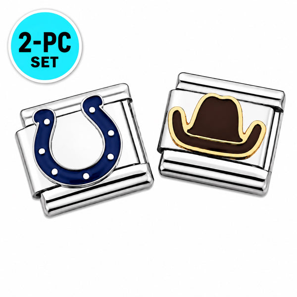 9mm Italian Charm Blue Horseshoe And Brown Cowboy Hat on white background