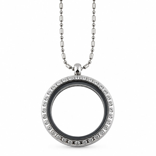 30mm floating charm locket necklace with crystals and 20" ball chain.