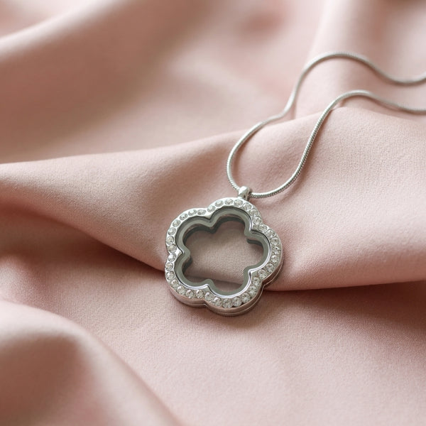 silver floating charm locket necklace with crystals in flower shape